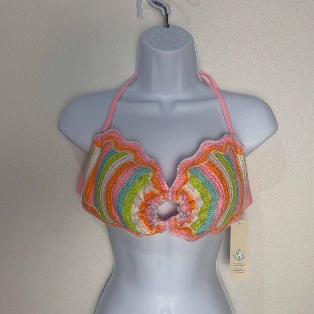 No Boundaries Crochet Bandeau Bikini Top Pink Multi‎ Stripe Large 12-14 NEW